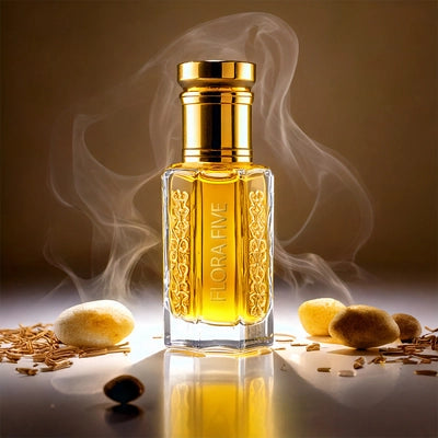 Amber Musk Attar by Flora Five – luxurious oil-based attar with warm amber and musky notes, golden bottle surrounded by aromatic resins and ambergrisis stones.