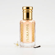 Armani My Way Inspired Attar for women — alcohol-free attar oil by Flora Five: pale peach oil on white with an orange blossom and vanilla pod