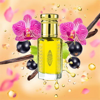 Tom Ford Black Orchid inspired attar for women by Flora Five — alcohol-free perfume oil: yellow oil in a bottle with a medallion print with pink orchids, blackcurrants and vanilla – 3, 6 and 12 ml