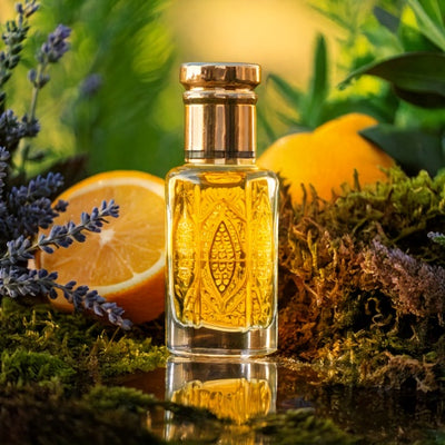 CK Eternity inspired attar for men by Flora Five — alcohol-free perfume oil: golden oil in a gold-capped bottle with a carved pattern on moss with oranges and lavender – 3, 6 and 12 ml