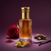 Dior Purple Oud inspired unisex oud — alcohol-free oud oil (oudh) by Flora Five: amber oil on purple with a red rose, saffron, lemon peel and oud chips