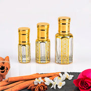 Kashmiri Oud, unisex — alcohol-free oud oil (oudh) by Flora Five: three gold-capped bottle sizes with cinnamon, star anise, jasmine and a red rose