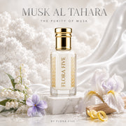 Musk Al Tahara Attar, unisex — alcohol-free perfume oil by Flora Five: milky white oil on marble with iris and lily of the valley, MUSK AL TAHARA