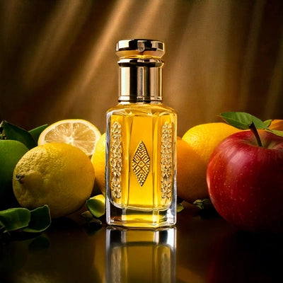 Rasasi Hawas Ice Attar by Flora Five – premium oil-based attar with citrus, apple, and fresh fruity notes in a luxurious golden bottle