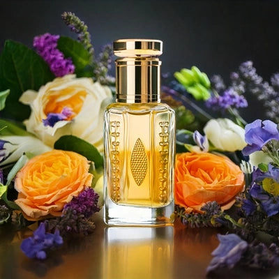 Tomford Arabian Wood Attar by Flora Five – alcohol-free woody floral chypre oil perfume with green accords, jasmine, rose, moss, woods, and amber in a luxurious golden bottle surrounded by vibrant flowers