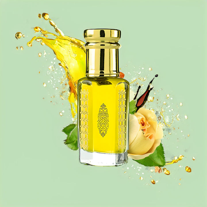 Flora Five Amber Oudh fragrance attar bottle with an exquisite golden design, surrounded by splashes of amber, vanilla, and rose petals. This long-lasting and fresh summer attar offers a rich and luxurious scent. Perfect for those seeking an elegant and enduring fragrance experience.