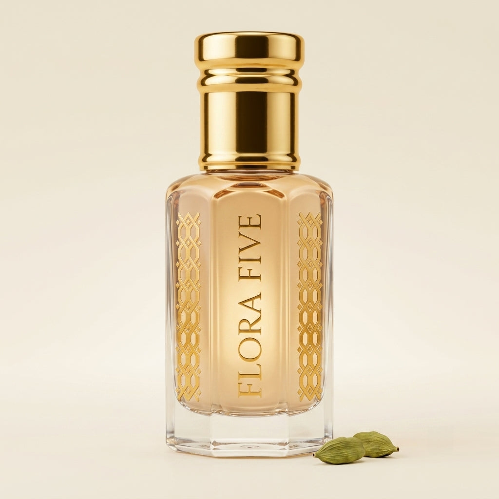 Aagosh attar roll-on – alcohol-free creamy woody cardamom and sandalwood perfume oil by Flora Five