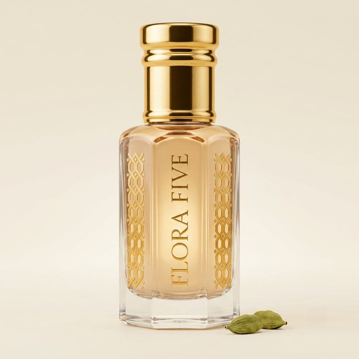 Aagosh attar roll-on – alcohol-free creamy woody cardamom and sandalwood perfume oil by Flora Five