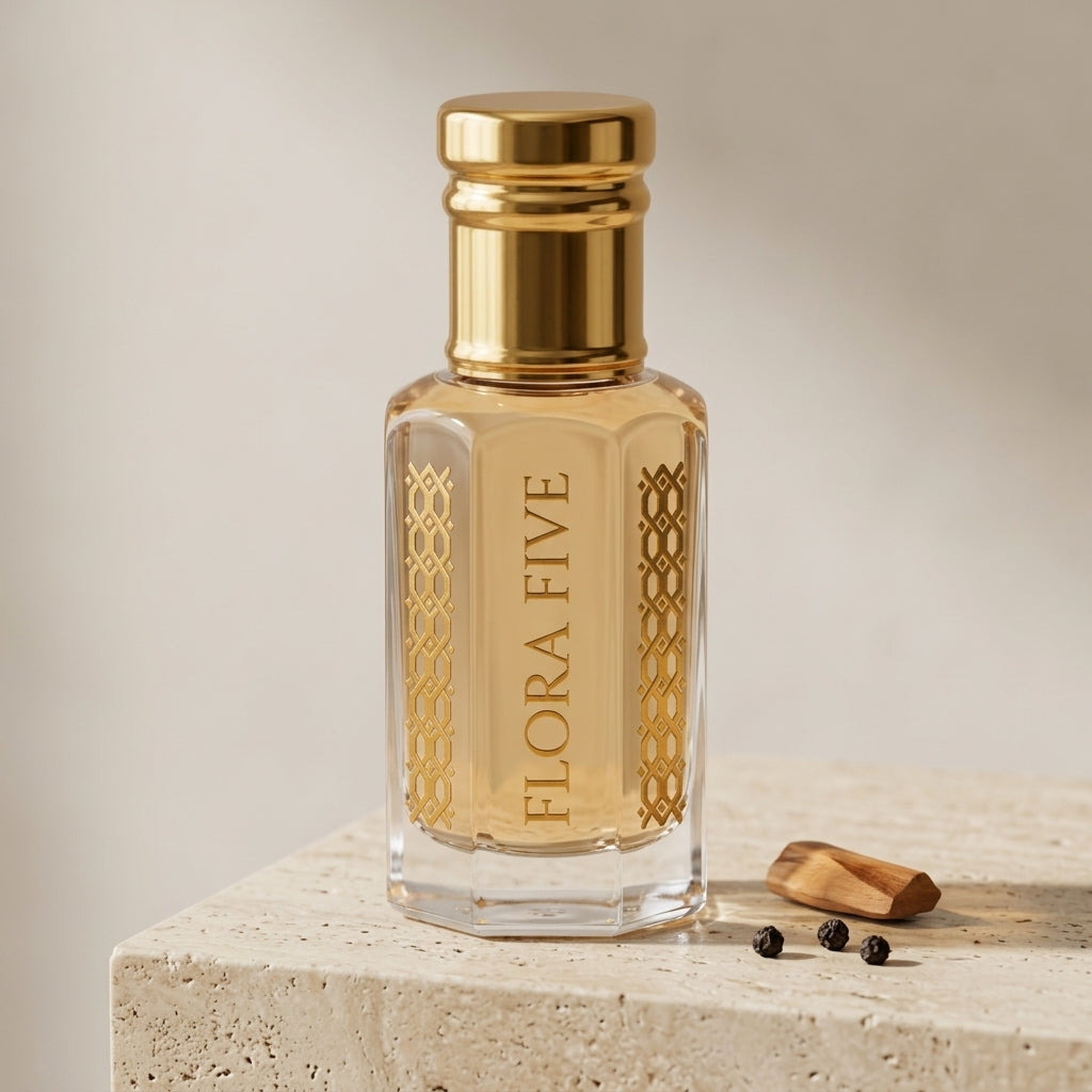 Flora Five Aagosh attar – clear glass roll-on bottle with gold cap, woody gourmand perfume oil