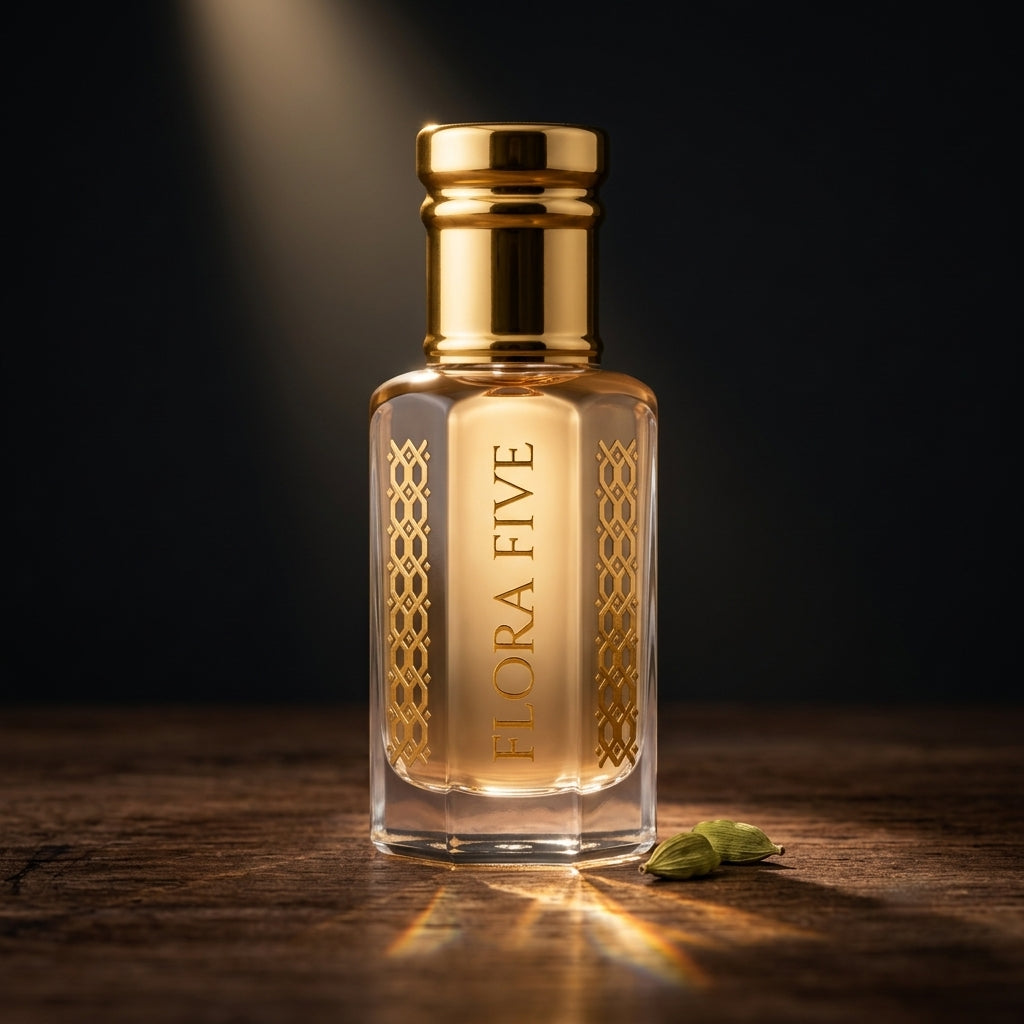 Aagosh alcohol-free attar by Flora Five – concentrated sandalwood and amber perfume oil roll-on