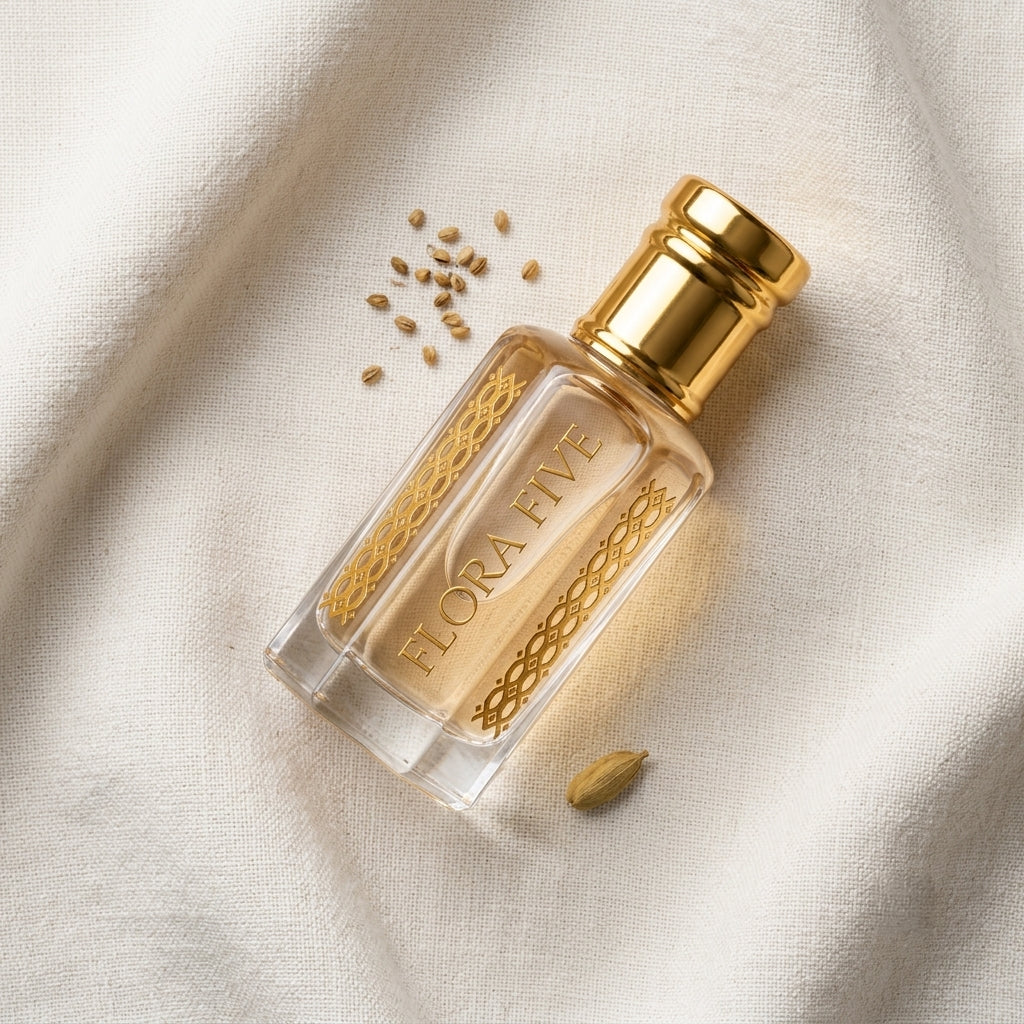 Aagosh attar – oil-based woody-gourmand fragrance for pulse-point wear by Flora Five
