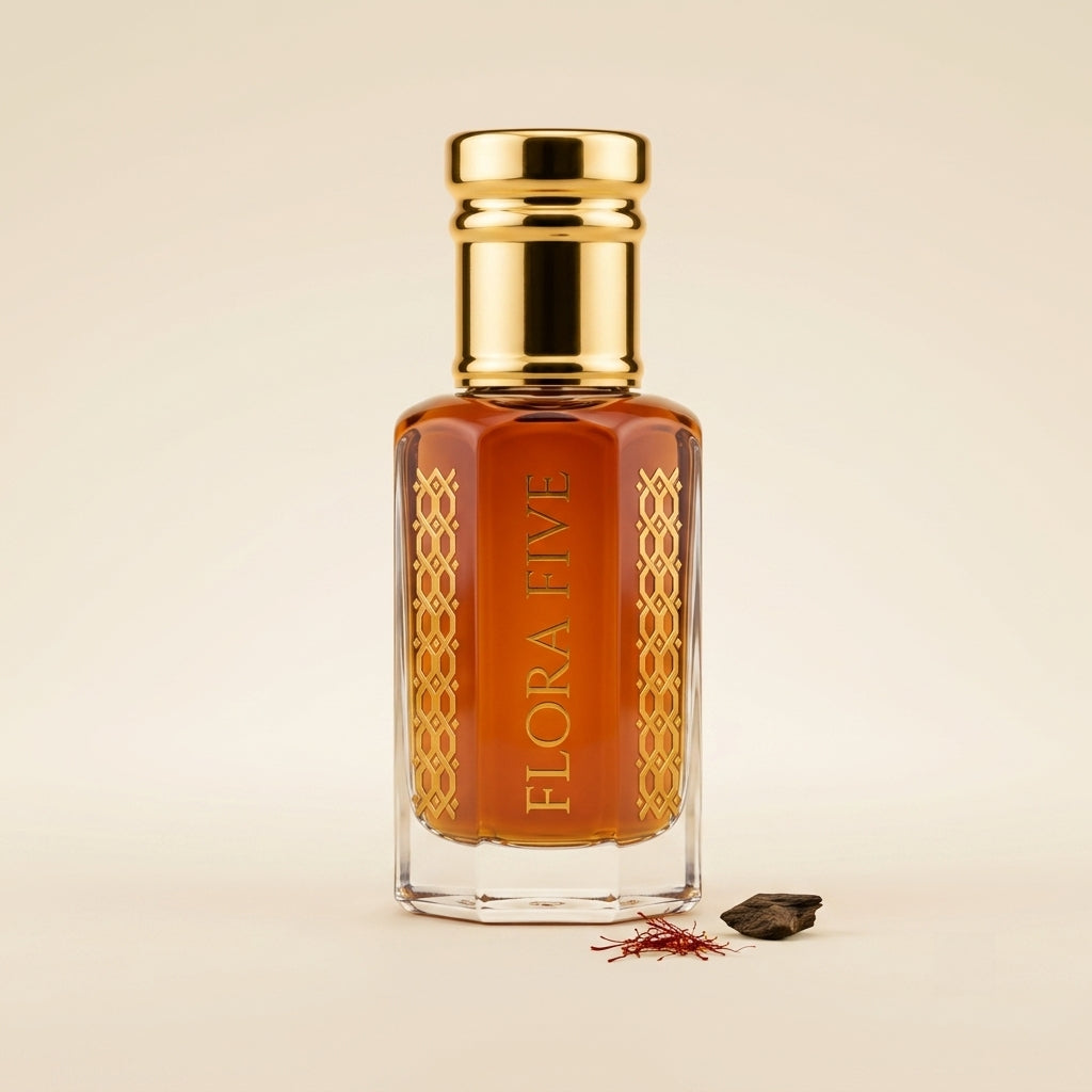 Aatish oudh roll-on – alcohol-free smoky saffron and agarwood attar perfume oil by Flora Five