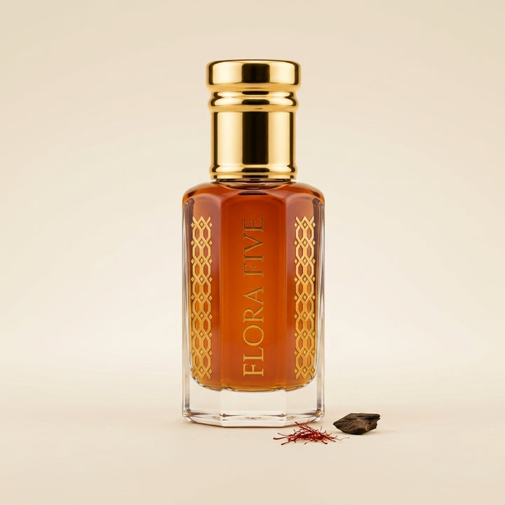 Aatish oudh roll-on – alcohol-free smoky saffron and agarwood attar perfume oil by Flora Five