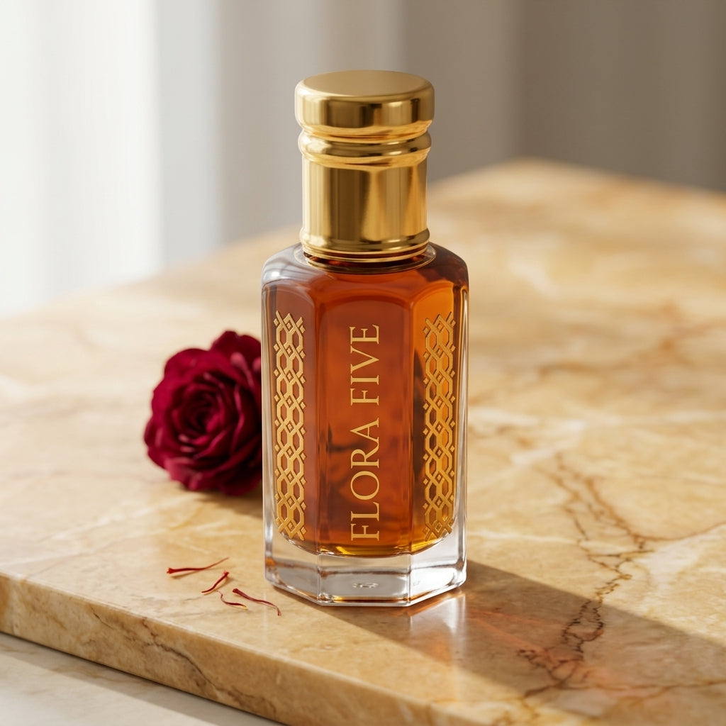 Flora Five Aatish oudh – clear glass roll-on bottle with gold cap, smoky oud perfume oil
