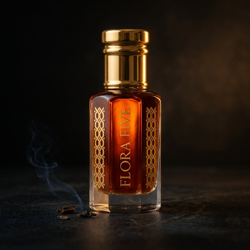 Aatish alcohol-free oud attar by Flora Five – concentrated saffron and rose perfume oil roll-on