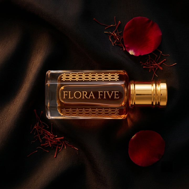 Aatish oudh – oil-based smoky agarwood fragrance for pulse-point wear by Flora Five