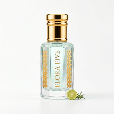 Acqua di Gio Profondo inspired attar for men by Flora Five — alcohol-free perfume oil: gold-capped bottle of pale aqua oil with a lime slice and rosemary on white – 3, 6 and 12 ml
