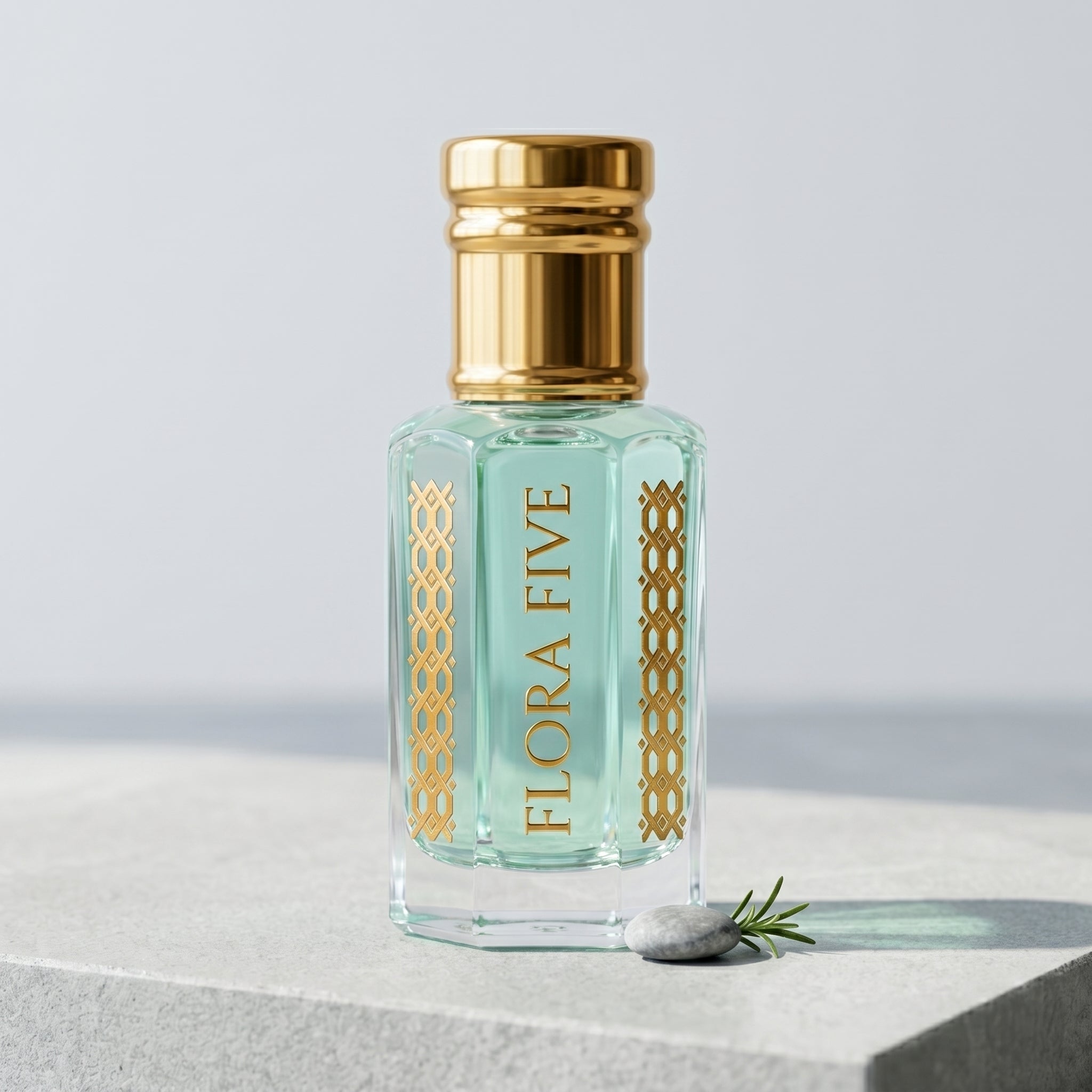 Flora Five Acqua di Gio Profondo inspired attar – clear glass roll-on bottle with gold cap, aquatic perfume oil