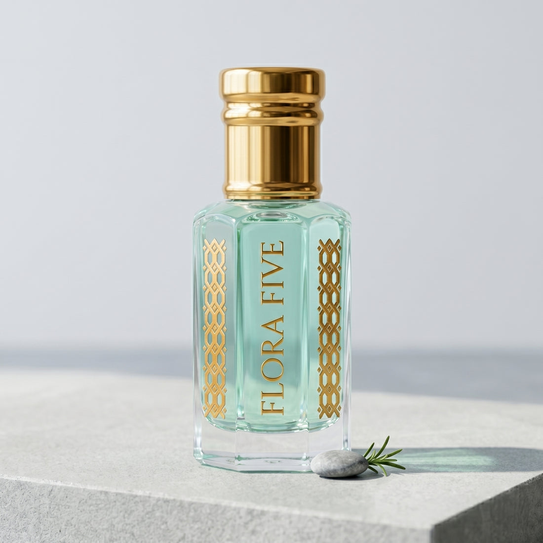 Flora Five Acqua di Gio Profondo inspired attar – clear glass roll-on bottle with gold cap, aquatic perfume oil
