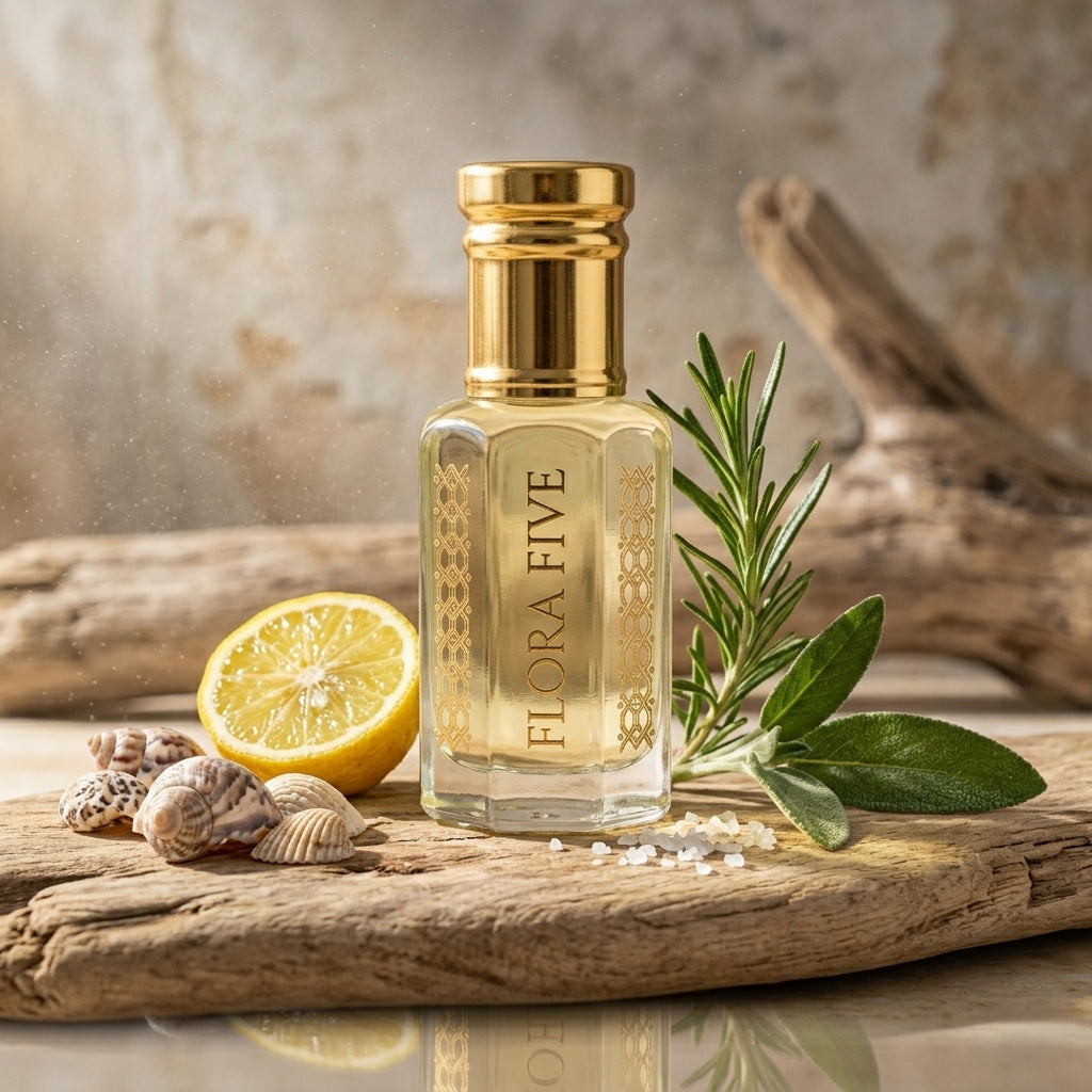 Flora Five Acqua di Gio Absolu inspired attar – clear glass roll-on bottle with gold cap, aquatic woody perfume oil
