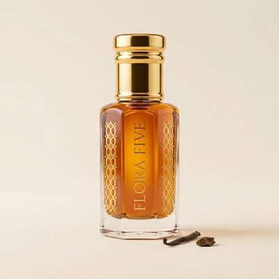 Ajmal Mukhallat Al Wafa inspired unisex attar by Flora Five — alcohol-free perfume oil: gold-capped bottle of amber oil with a vanilla pod on cream – 3, 6 and 12 ml