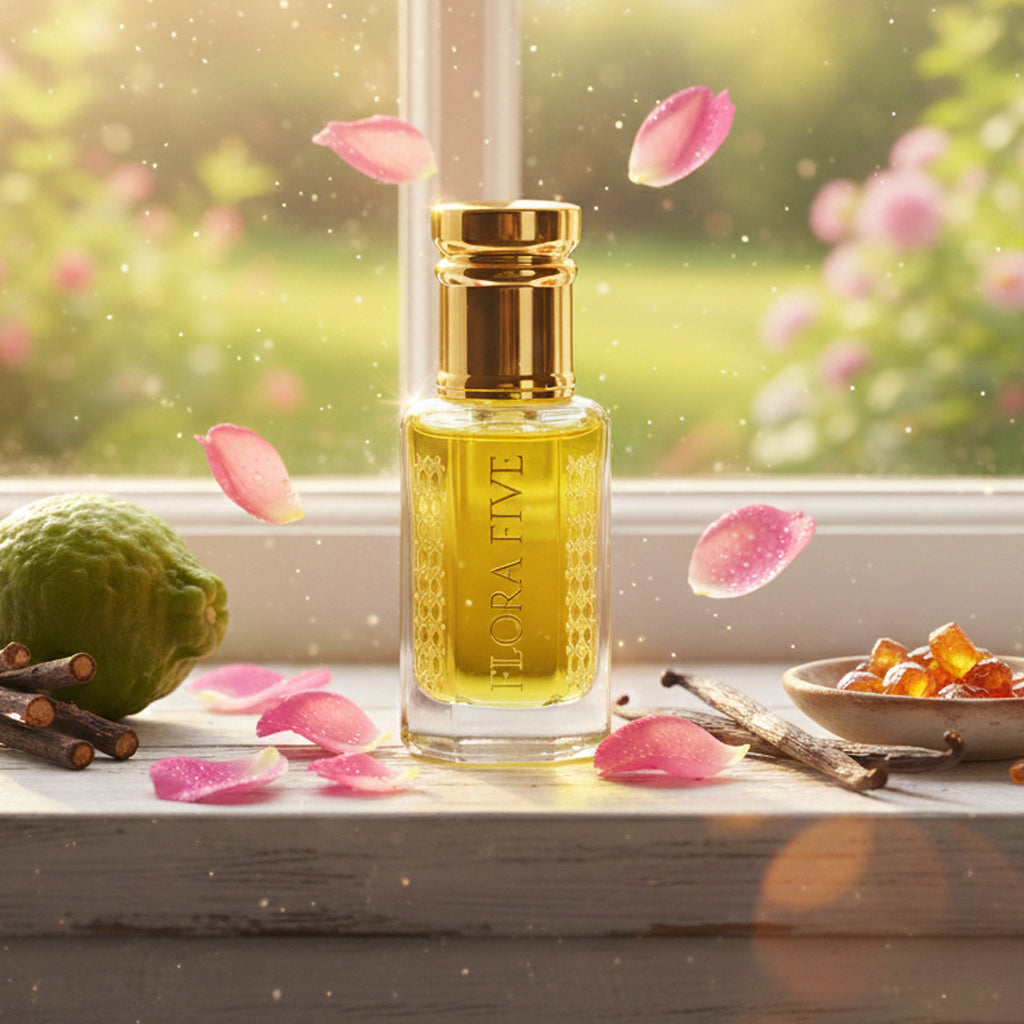 Glass perfume attar bottle of Flora Five with gold cap on a windowsill with Amber, Rose, Guiac Wood, flowers and greenery.