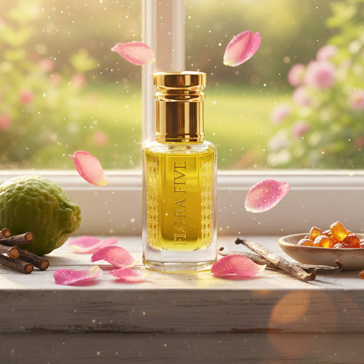 Glass perfume attar bottle of Flora Five with gold cap on a windowsill with Amber, Rose, Guiac Wood, flowers and greenery.