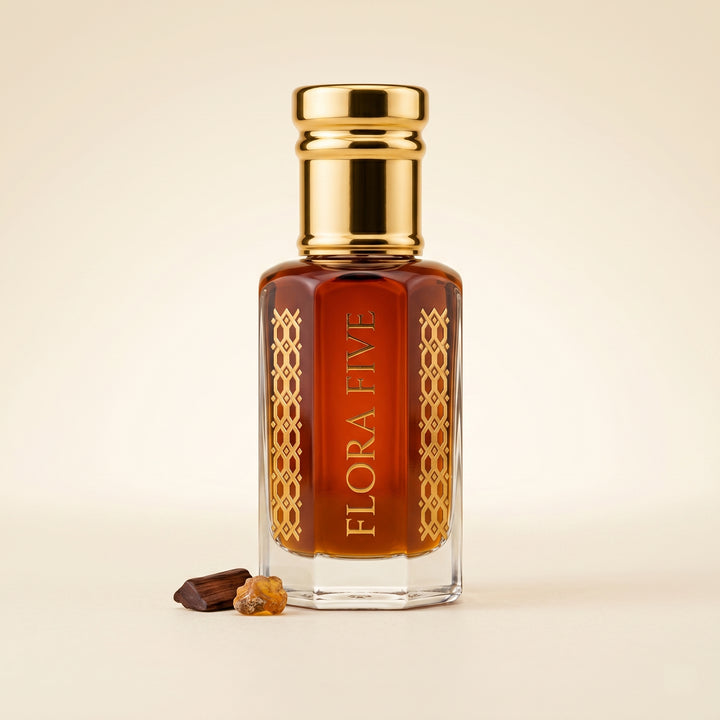 Amberwood Noir attar roll-on – alcohol-free spicy amber and woods perfume oil by Flora Five