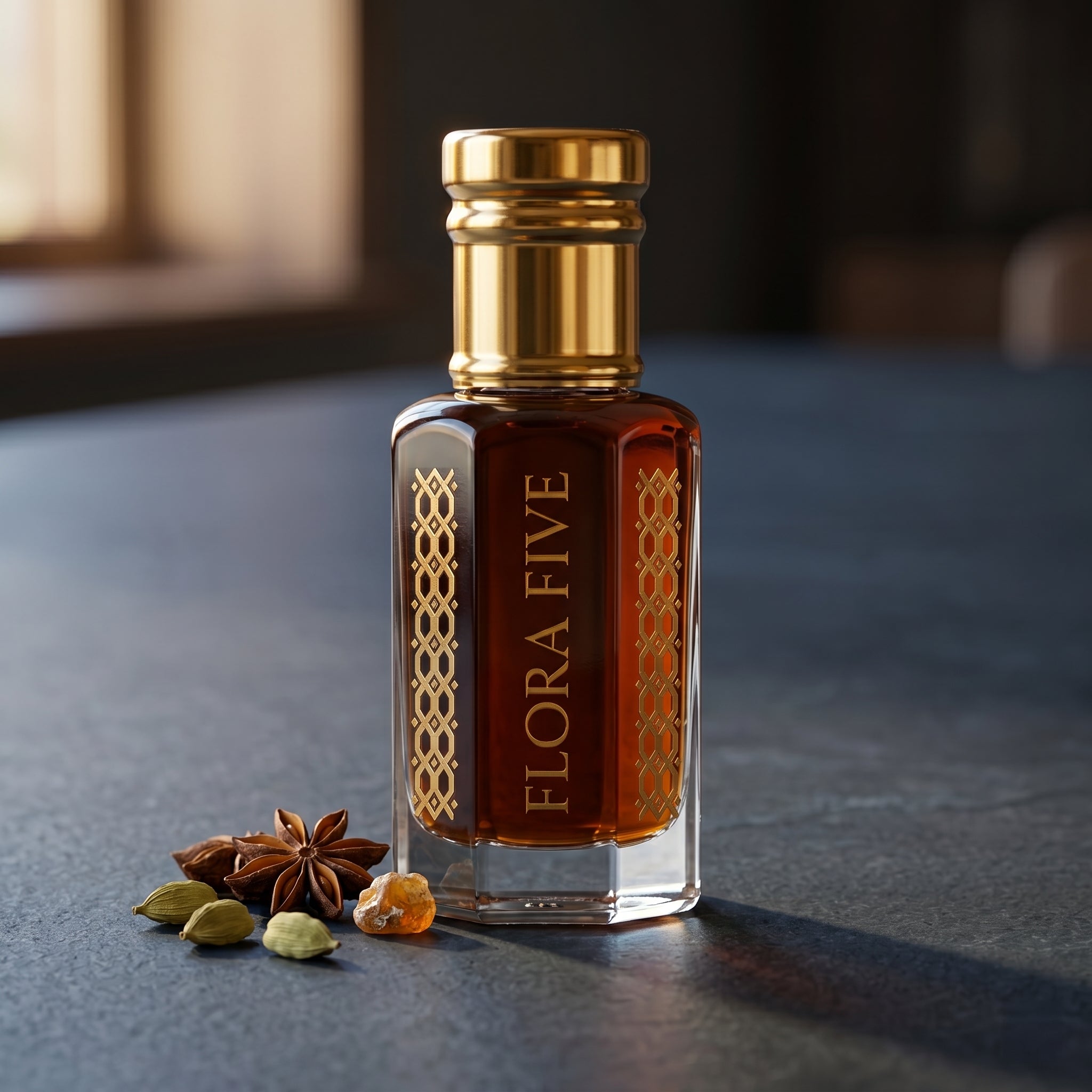 Flora Five Amberwood Noir attar – glass roll-on bottle, dark woody amber perfume oil for men