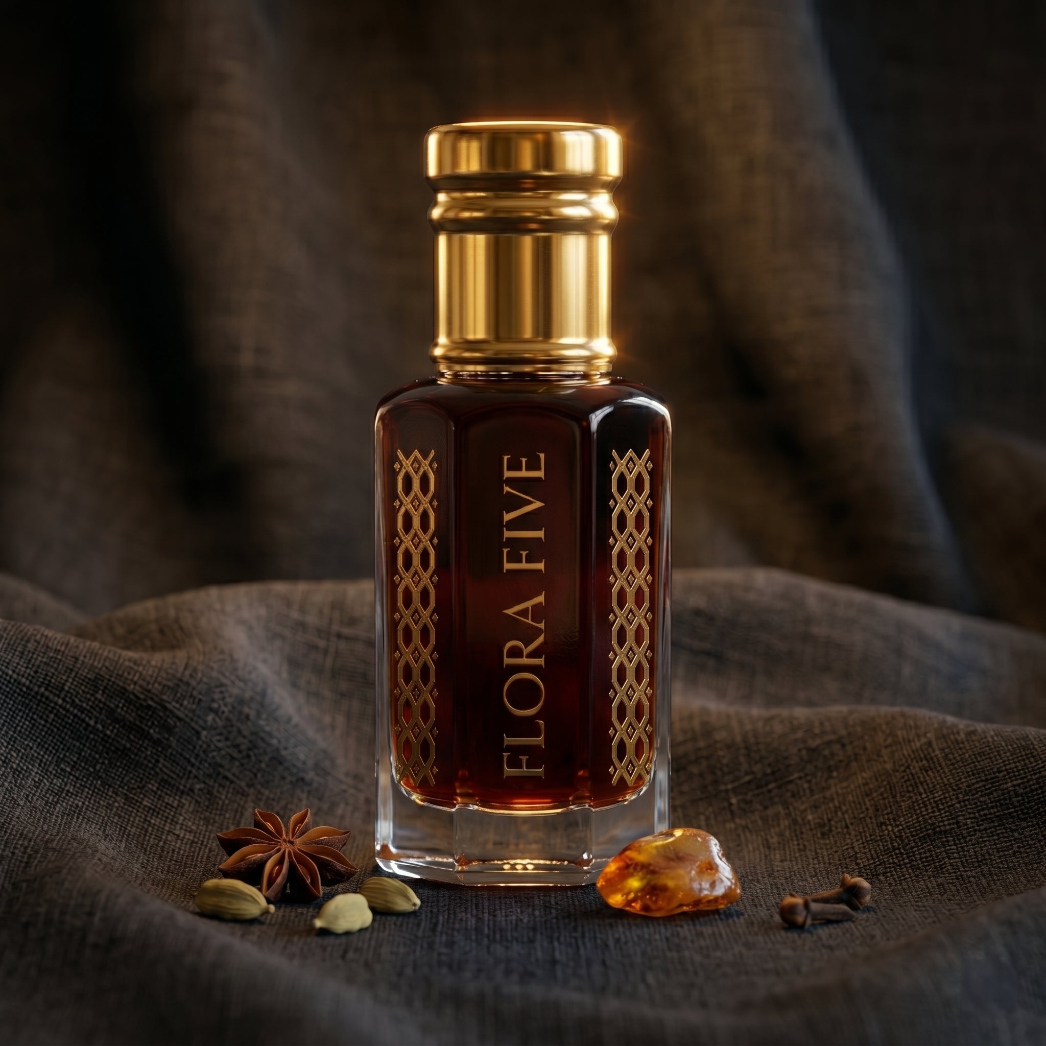 Amberwood Noir attar – oil-based spicy woody fragrance for pulse-point wear by Flora Five