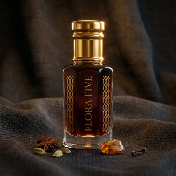 Amberwood Noir attar – oil-based spicy woody fragrance for pulse-point wear by Flora Five