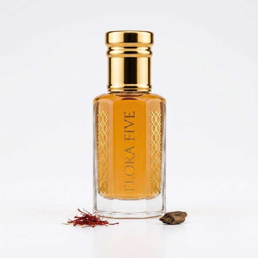 Aseel attar roll-on – alcohol-free red rose, saffron and agarwood perfume oil by Flora Five