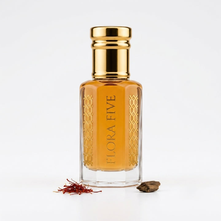 Aseel attar roll-on – alcohol-free red rose, saffron and agarwood perfume oil by Flora Five