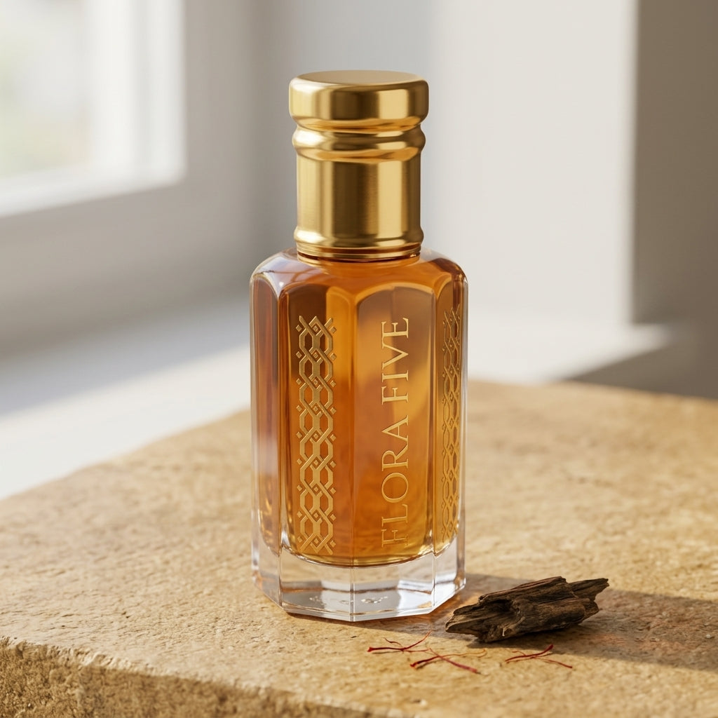 Flora Five Aseel attar – glass roll-on bottle, rose saffron oud perfume oil