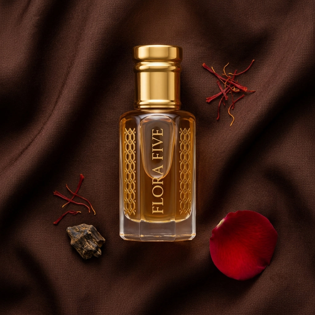 Aseel attar – oil-based oriental rose oud fragrance for pulse-point wear by Flora Five