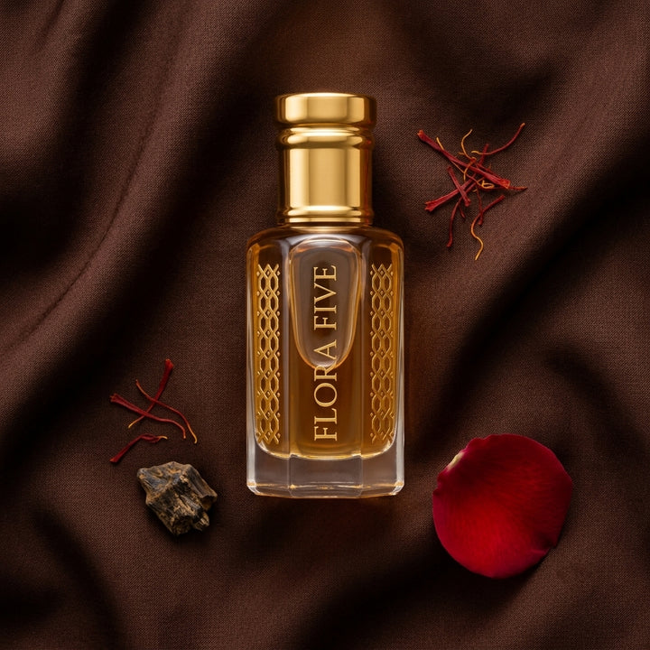 Aseel attar – oil-based oriental rose oud fragrance for pulse-point wear by Flora Five