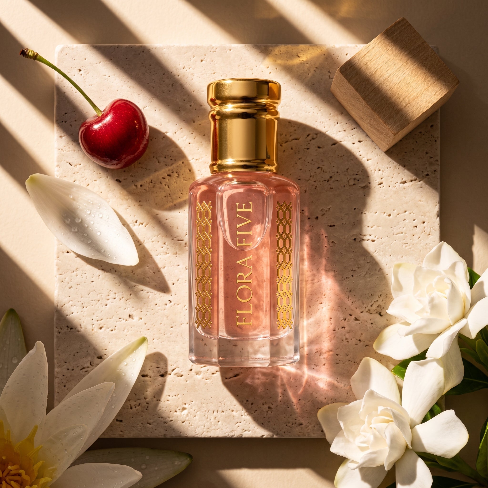 Bath & Body Works Pink Chiffon Inspired Attar by Flora Five — gold-capped bottle of pale pink oil on travertine in dappled light with a cherry and white flowers – 3, 6 and 12 ml