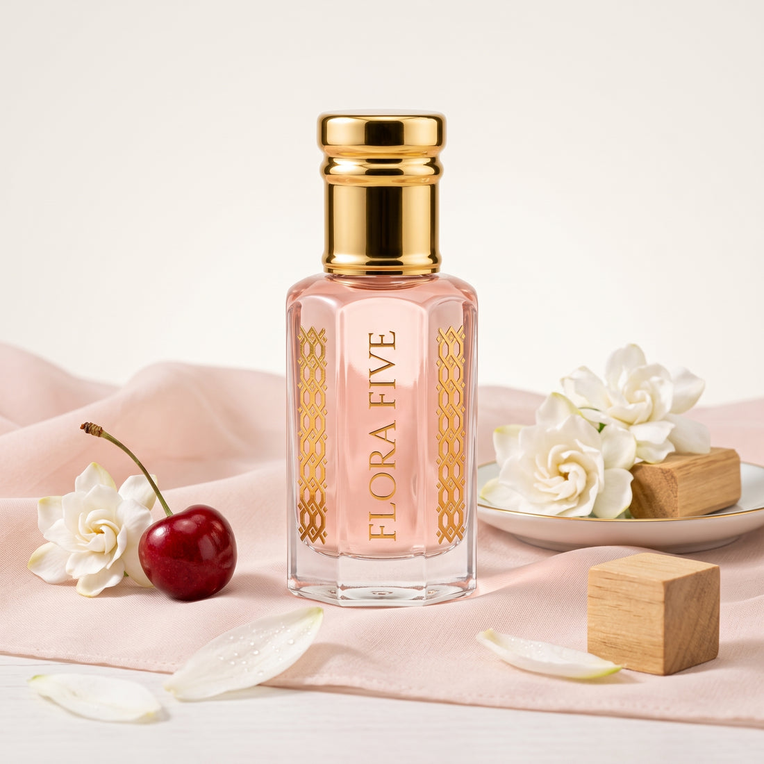 Bath & Body Works Pink Chiffon Inspired Attar by Flora Five — gold-capped bottle of pale pink oil on pink silk with gardenias, cherries and a wooden cube – 3, 6 and 12 ml