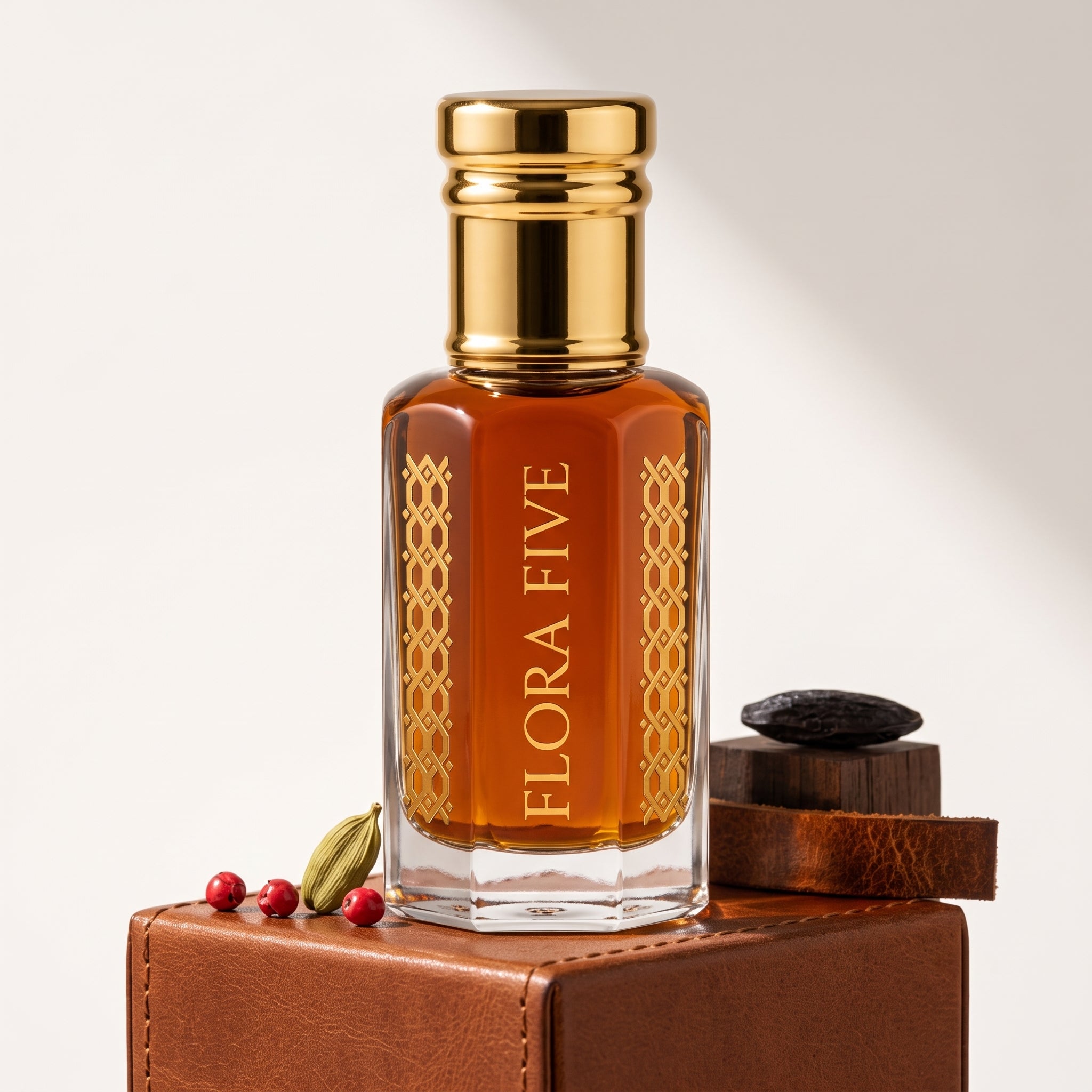Bentley For Men Intense Inspired Attar by Flora Five — gold-capped bottle of deep amber oil on a leather-wrapped block with tonka beans and pink peppercorns – 3, 6 and 12 ml
