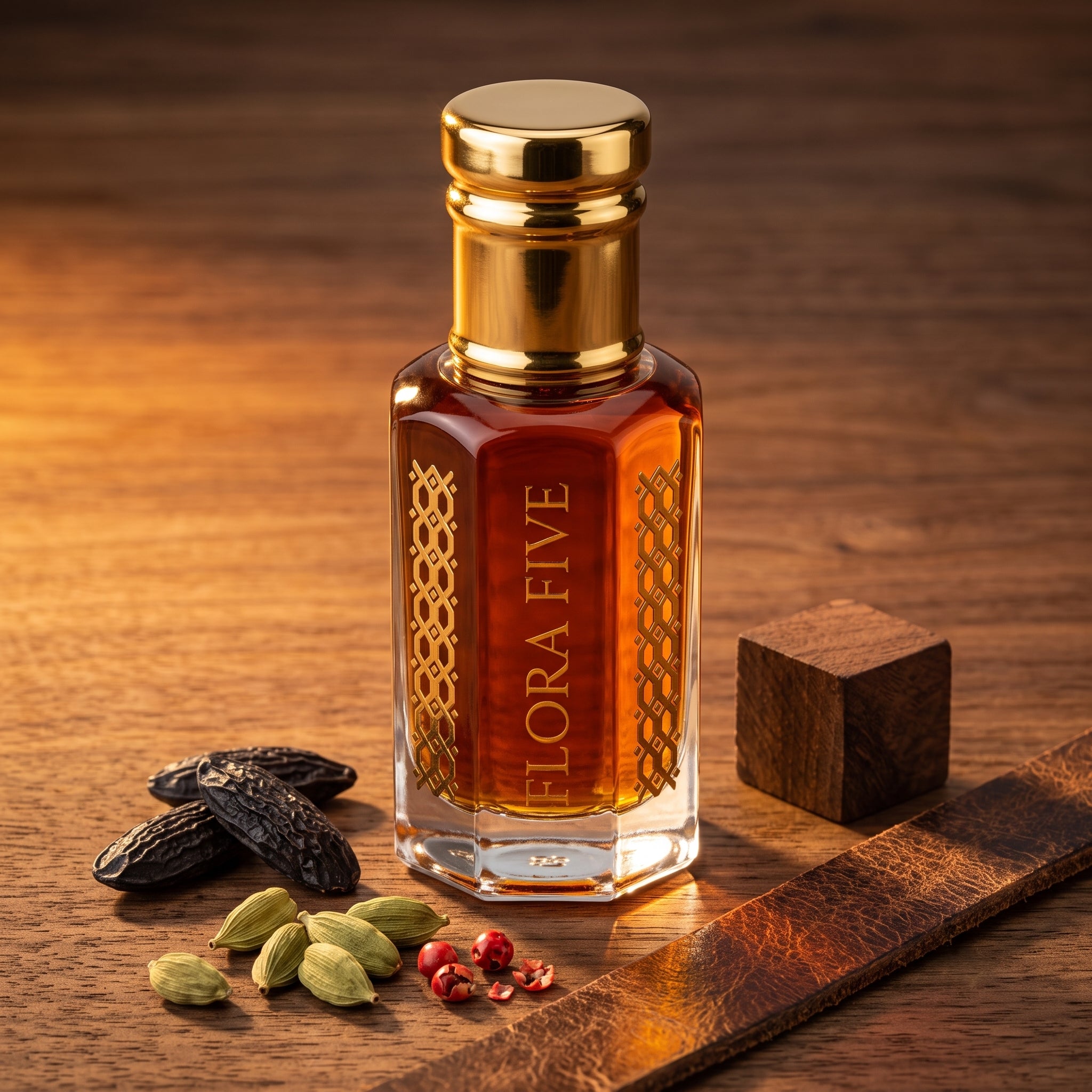 Bentley For Men Intense Inspired Attar by Flora Five — gold-capped bottle of deep amber oil on wood with tonka beans, cardamom and a wooden cube – 3, 6 and 12 ml