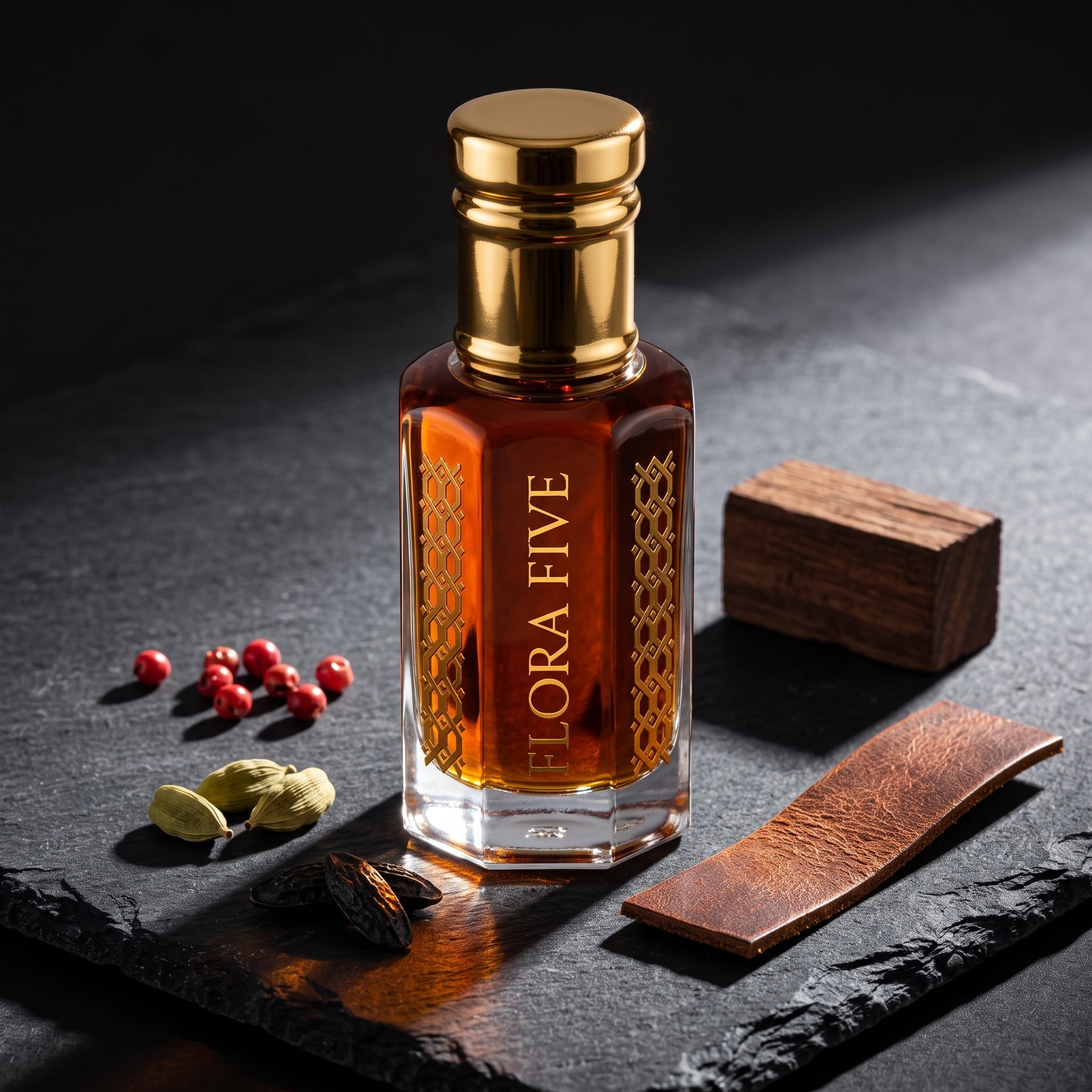 Bentley For Men Intense Inspired Attar by Flora Five — gold-capped bottle of deep amber oil on dark slate with pink peppercorns, cardamom and leather – 3, 6 and 12 ml