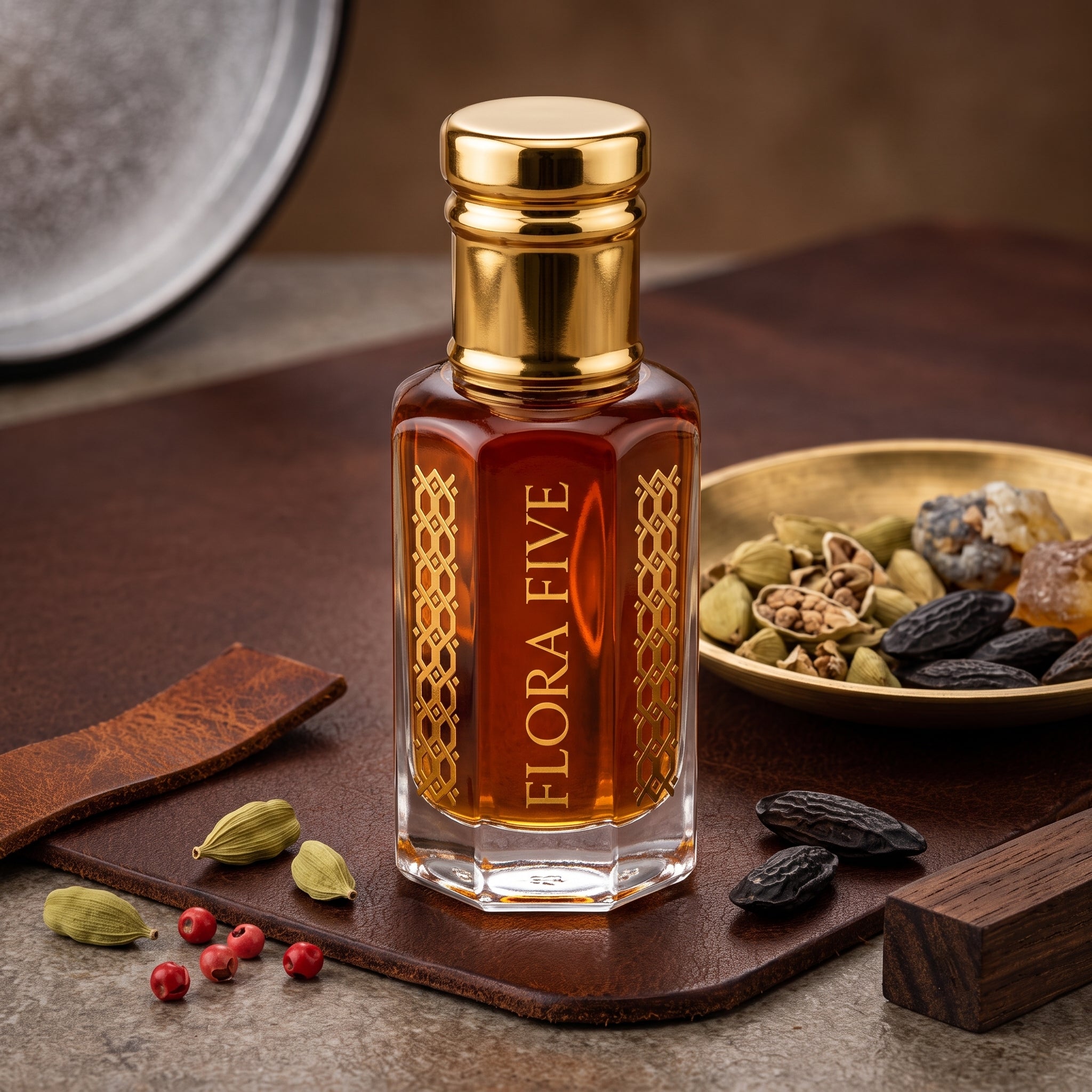 Bentley For Men Intense Inspired Attar by Flora Five — gold-capped bottle of deep amber oil on a leather tray with cardamom, tonka beans and pink peppercorns – 3, 6 and 12 ml