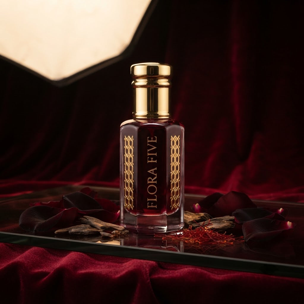 Black Rose Attar by Flora Five — gold-capped bottle of deep garnet oil on red velvet with rose petals and oud chips – 3, 6 and 12 ml