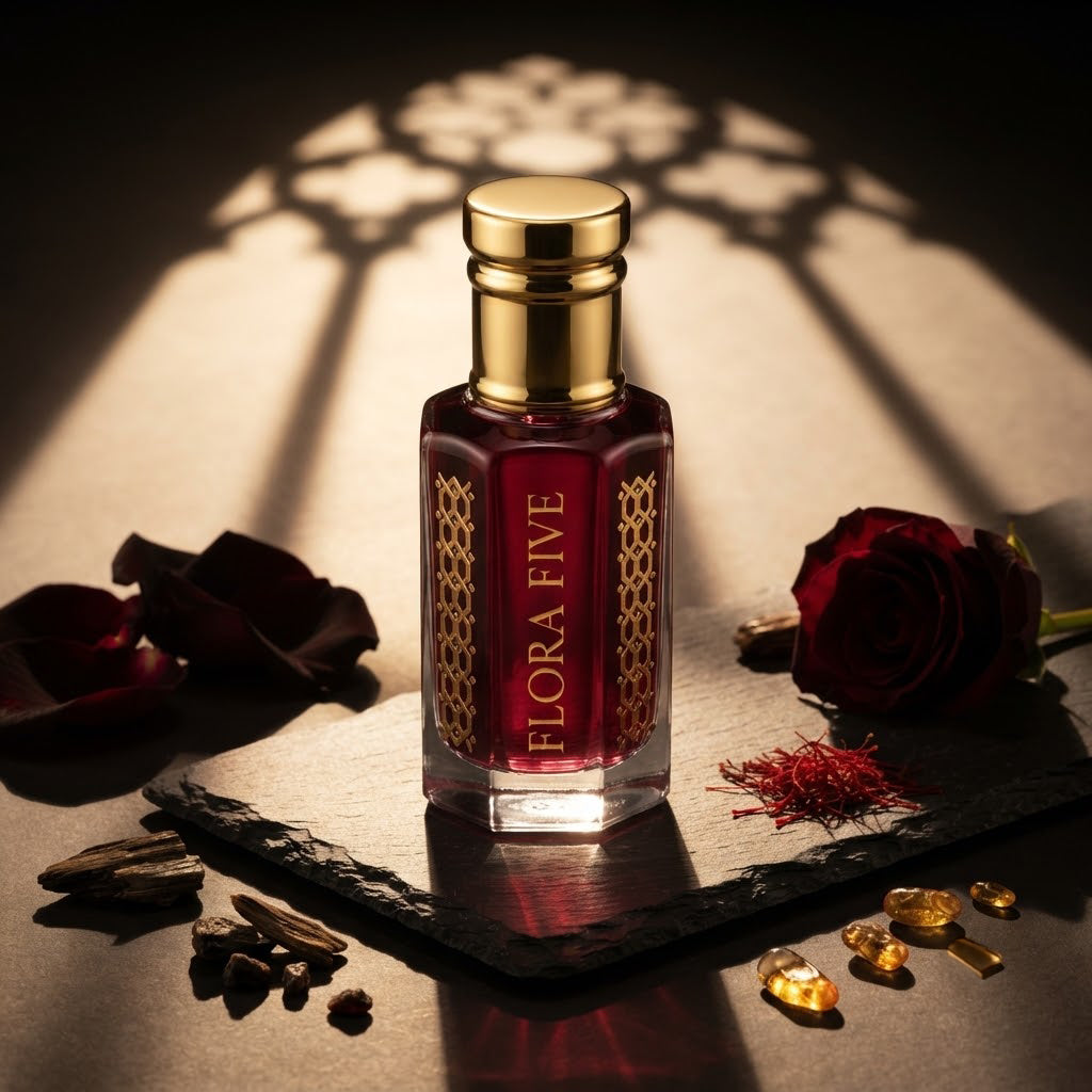 Black Rose Attar by Flora Five — gold-capped bottle of deep garnet oil on slate in lattice light with dark roses, saffron and amber resin – 3, 6 and 12 ml