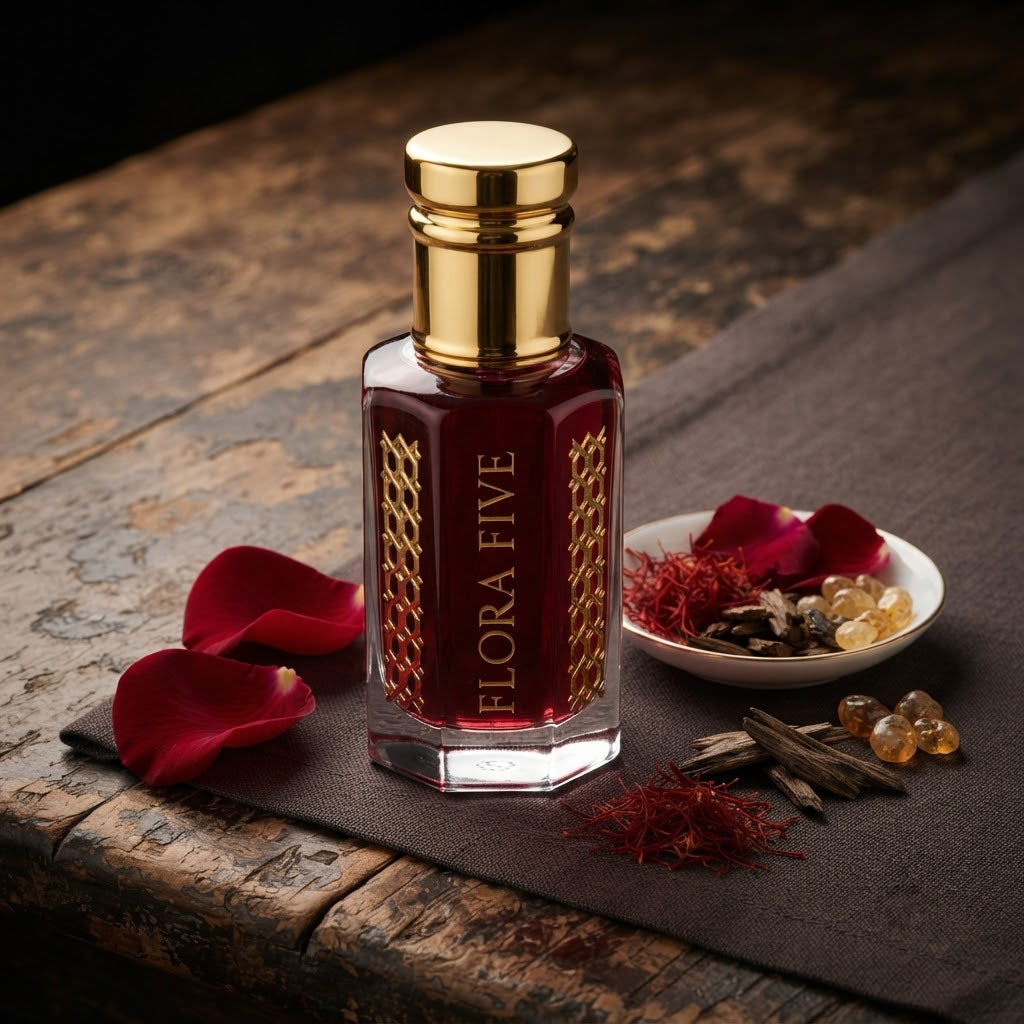 Black Rose Attar by Flora Five — gold-capped bottle of deep garnet oil on old wood with rose petals and a bowl of saffron and oud – 3, 6 and 12 ml