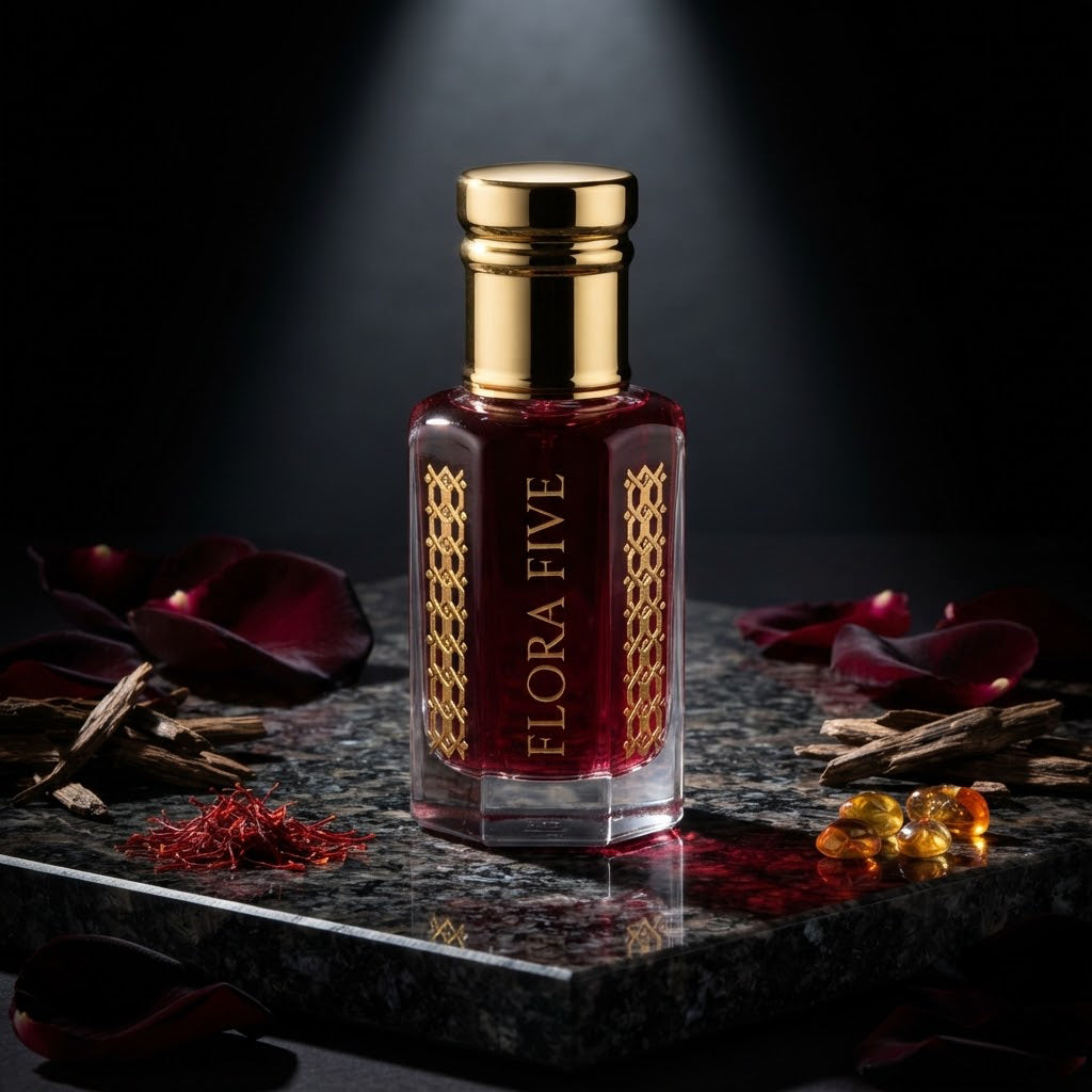 Black Rose Attar by Flora Five — gold-capped bottle of deep garnet oil on dark stone in a spotlight with rose petals and amber resin – 3, 6 and 12 ml