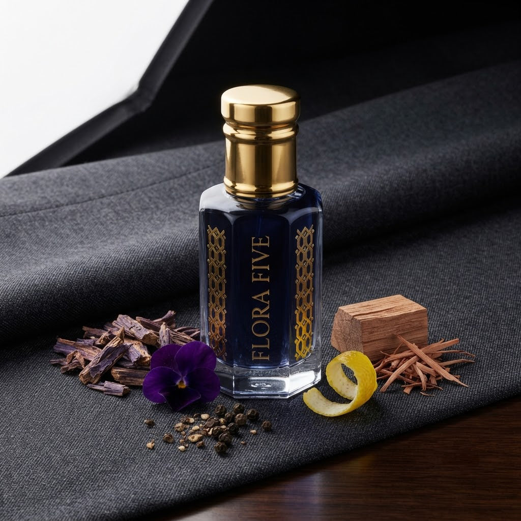 Blue Noir Attar by Flora Five — gold-capped bottle of deep navy oil on dark fabric with violets, lemon peel and black pepper – 3, 6 and 12 ml