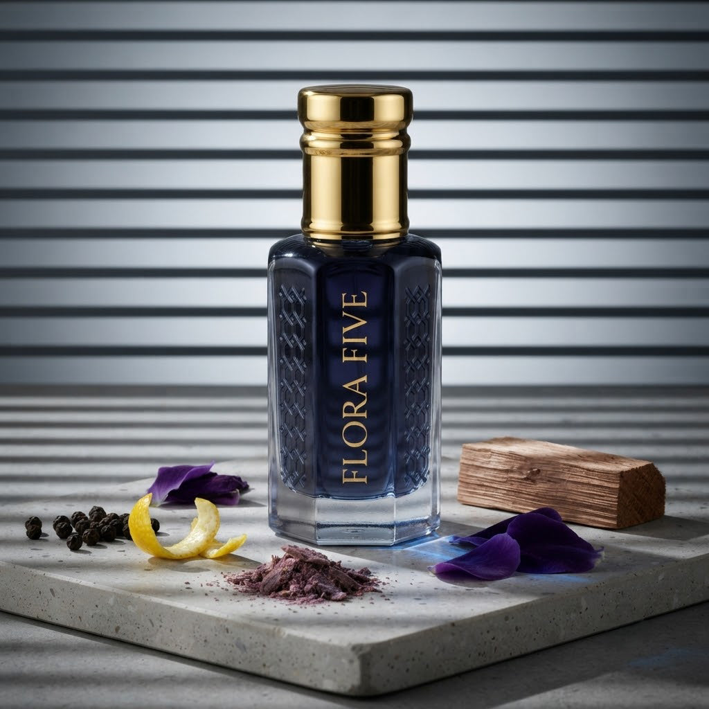 Blue Noir Attar by Flora Five — gold-capped bottle of deep navy oil on stone in striped light with violets, lemon peel and cedar – 3, 6 and 12 ml