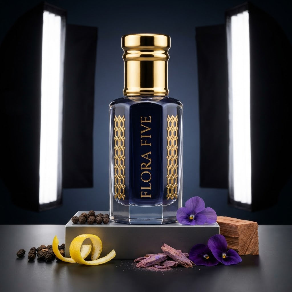 Blue Noir Attar by Flora Five — gold-capped bottle of deep navy oil in a studio with violets, lemon peel and a cedar block – 3, 6 and 12 ml
