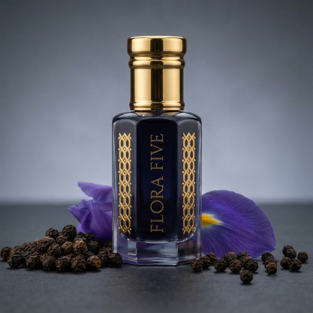 Blue Noir Attar by Flora Five — gold-capped bottle of deep navy oil with iris petals and black peppercorns on grey – 3, 6 and 12 ml
